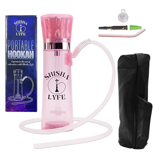 SHISHA LYFE Portable Hookah Mini Cup Set - Transparent (Pink) Shisha for Car & Travel with LED Lights, Silicone Hose Pipe, Anti-Scald, Charcoal Holder, Tongs, Reusable Straw, Case Cover Protection