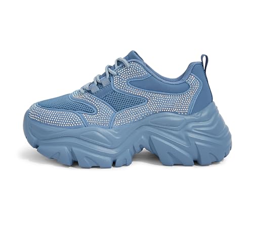 K KIP WOK Chunky Sneakers for Women Fashion Platform Rhinestone White Leather Casual Dad Shoes Comfortable Wedge Walking Sport Sneakers(Blue Rhinestone,7)
