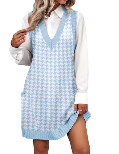 Zeagoo Women Long Sweater Vests Plaid Knit Pullovers Sweaters V Neck Tank Sweater Dress with Pockets A Line Vest Dress, Blue Houndstooth M
