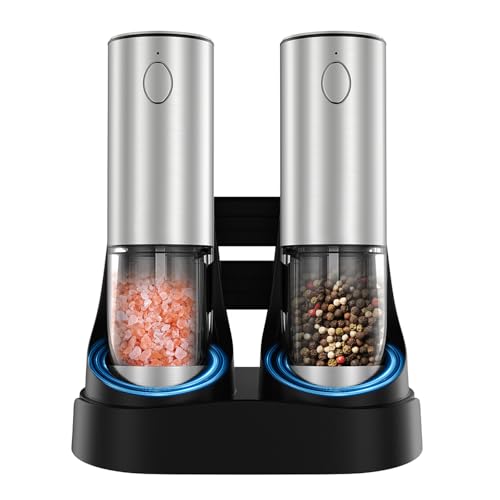 Electric Salt and Pepper Grinder Set, Automatic Pepper Mill Grinder w/Upgraded Charge Base and LED Light,Adjustable Coarseness,Rechargeable Black Peppercorn & Sea Salt Spice Mill Set
