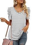 Womens Tshirts Trendy Summer V Neck Puff Sleeve Tops Striped Shirt Flowy Cozy M