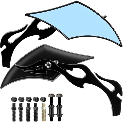 DgNeLai Motorcycle Mirrors Black Diamond Rearview Side Mirror Blue Lens 8MM 10MM 360 Degree Universal Replacement for Harley Softail Dyna Sportster Street Bike Scooter Chopper Cruiser