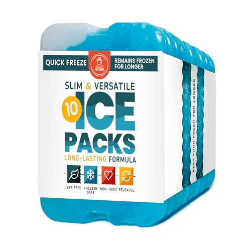 Healthy Packers Ice Packs for Lunch Bags - Original Cool Pack | Slim & Long-Lasting Reusable Ice Pack for Lunch Box, Lunch Bag and Cooler | Freezer Packs for Coolers (Set of 10)