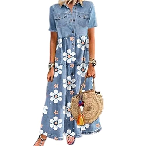 ATOPRT Women's Casual Short Sleeve Denim Maxi Dress Summer Loose Button Down Long Jean Shirt Dresses with Pockets (Medium, Print)