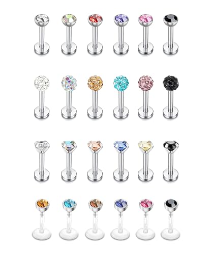 Suprsparkle 24 Pcs 16G Hypoallergenic Stainless Steel Lip Monroe Medusa Labret Jewelry With 3mm Cubic Zirconia For Women Men Forward Helix Earrings Cartilage Tragus Earrings Stud Piercing Jewelry6mm