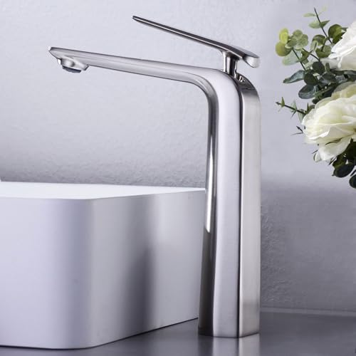 TOCALOCA Tall Bathroom Faucet for Vessel Sink, Premium Brass Mixer Tap Brushed Nickel Bathroom Basin Faucet Single Handle Vanity Faucet 1 Hole, Modern Commercial Vessel Faucet Anti-Fingerprints