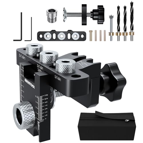 Self Centering Doweling Jig Kit - Dowel Jig Kit for Straight Holes, Adjustable Width Woodworking Joints Tool Drill Guides Locator, 3 Size Drill Bit (8, 10, 15 mm) (5/16", 3/8", 19/32"), Organizer Bag