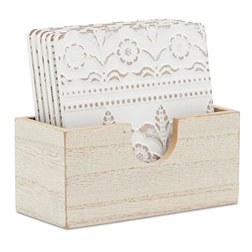 Juvale Set of 6 White Wooden Coasters with Holder for Drinks, Coffee Table, and Floral Farmhouse Decor (3.8 Inches) - Coasters Set