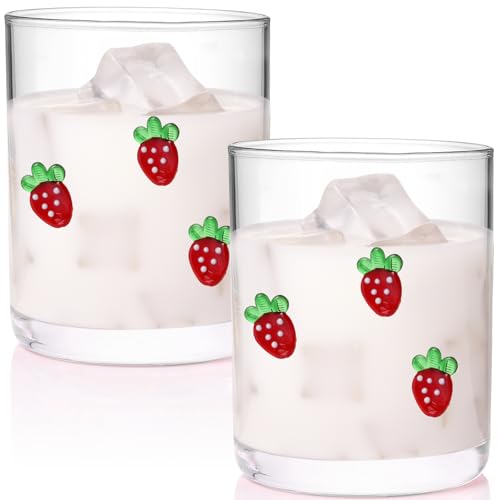 Physkoa 2 Pack Strawberry Icon Juice Glasses – 14oz Cute Glass Coffee Cups for Women – Kawaii Strawberry Glass Cup for Juice, Cocktails, or Bridal Shower Gifts