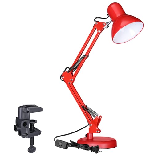 TORCHSTAR Metal Desk Lamp with Clamp, Swing Arm, Architect Adjustable Gooseneck Table Lamp, Clip Desk Lights for Home Office, Work, Study, Reading, E26 Base, Multi-Joint, Red