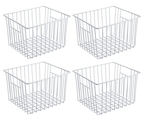 Slideep Freezer Baskets Storage Basket Organizers, Deep Wire Farmhouse Bins Container with Handles for Kitchen, Pantry, Cabinet, Car, Bathroom Pearl White, 4 Pack