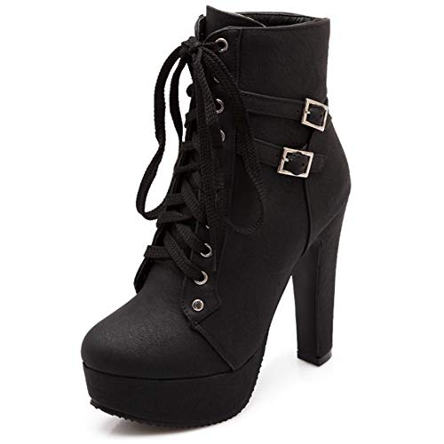 Susanny High Heel Boots for Women Round Toe Lace Up Ankle Chunky High Heels Knight Black Platform Boots 6 US (CN Size_38)