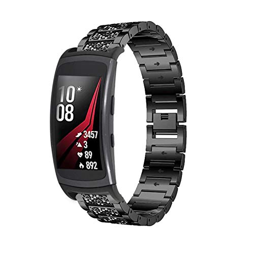 RuiRdot Gear Fit 2 Pro Bracelet, Stylish Replacement Accessories Strap with Bling Rhinestones Removable Metal Links Watchband Compatible with Samsung Gear Fit 2 R360/Gear Fit 2 Pro R365 (Black)