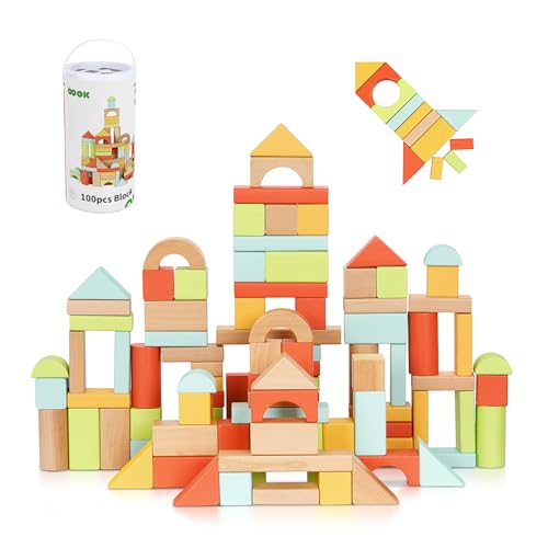 OOOK 100pcs Building Blocks for Toddlers 1-3, Wooden Blocks for Kids with Storage Bucket and Shape Sorter Lid, Montessori Toys for 1 2 3 Year Old, Learning Toys for Preschool Girls and Boys