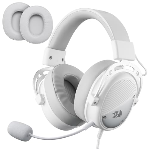 Redragon H730 USB Wired Gaming Headset - 53mm Drivers, 360° Spatial Sound, Detachable Noise-Canceling Microphone, Magnetic Replaceable Ear Cushions, Over-Ear Headphones Works for PC/PS4/PS5, White