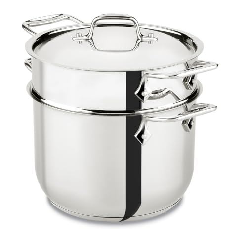 All-Clad Specialty Stainless Steel Stockpot, Multi-Pot with Strainer 3 Piece, 6 Quart Induction Oven Broiler Safe 500F Strainer, Pasta Strainer with Handle, Pots and Pans Silver