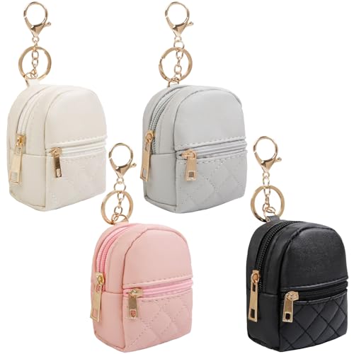 AIBFRID 4Pcs Mini Backpack Keychain,Cute Cosmetic Bag for Women,PU Leather Makeup Bag Key Pocket Lipstick Bag Card Holder Data Cable Organizer Zipper Pouch (black beige pink gray)