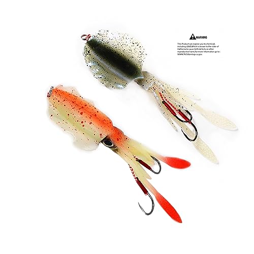 HCHinn Plastic Squids jigs Saltwater Baits Salmon Lures Fishing Lures Squid Trolling Deep Drop Lights Glow in Dark Halibut Rig with Hooks Octopus 2pcs