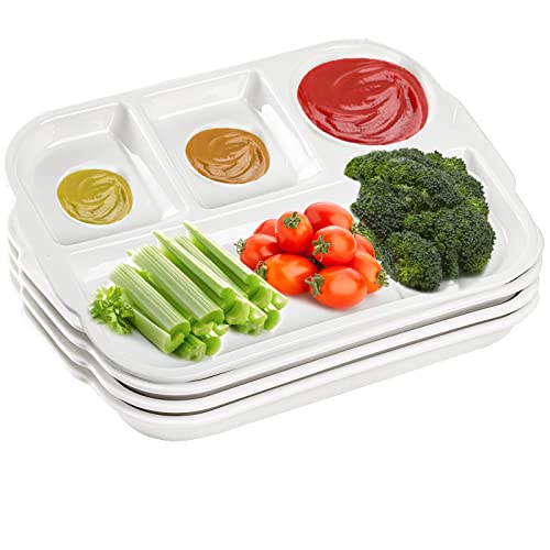 TOPZEA 4 Pack Divided Dinner Trays, Ceramic Serving Platter Dinner Plates with 4 Compartments Partition Fast Food Lunch Tray for Portion Control, Fondue Plates with Vinegar Sauce Dish