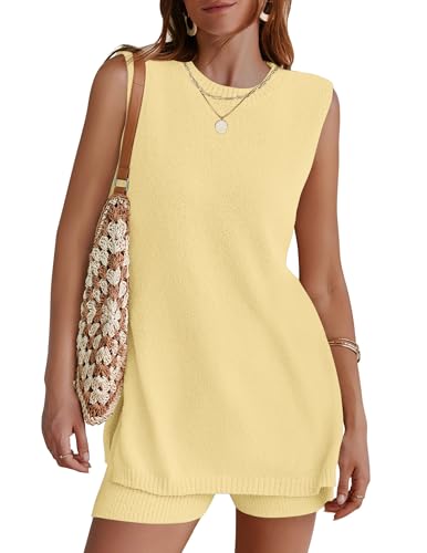 NENONA Womens 2025 Knitted Lounge Sets Sleeveless Tunic Top Matching Shorts Beach Vacation Set,Yellow,L