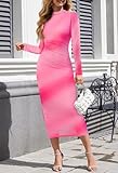 MEROKEETY Women's 2024 Long Sleeve Tie Dye Dress Bodycon Mock Neck Mesh Ruched Cocktail Maxi Dresses, Pink, XL