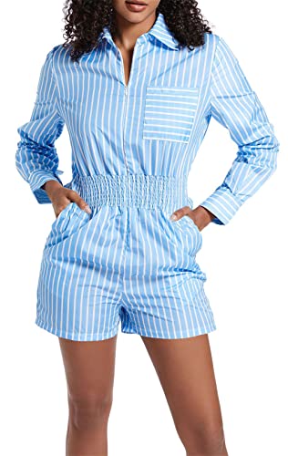 Women's Sexy Long Sleeve Lapel V Neck Stripe Printed Ruched Bodycon Shorts Cocktail Party Romprs Jumpsuit