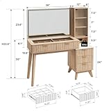 T4TREAM 48" Fluted Makeup Vanity Desk with Large 36" Mirror and Lights, Modern Glass Top Big Vanity Table with 5 Drawers & Adjustable Shelves, Dressing Table Set w/Charging Station for Bedroom, Oak