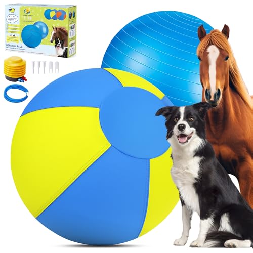 Herding Ball for Dogs and Horses - 18" Jolly Ball for Dogs, Agility Training Equipment, Herding for Australian/German Shepherd, Improved Bite-Resistant, Reinforced Sewing Dog Toys - Blue&Yellow Medium