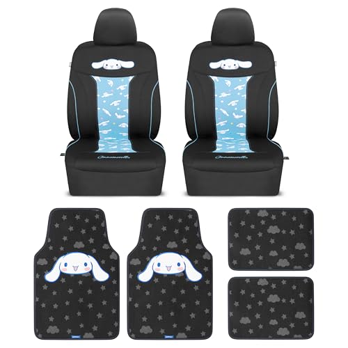 Hello Kitty Cinnamoroll Car Seat Covers - Adorable Light Blue Front Seat Covers with 4PC Carpet Car Floor Mats - Universal Fit for Cars, SUVs & Trucks - Super Cute Cinnamoroll Print & Pattern Accents