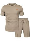 Dokotoo Men Mens Fashion Outfits Athletic Workout Sets for Men 2 piece T Shirts and Shorts Set Casual Tracksuits Set with Pockets Khaki Large