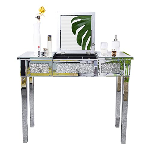 VINGLI Mirrored Vanity Desk With Drawers and Flip Mirror, Glass Table, Silver Makeup Desk for Bedroom/Makeup Room