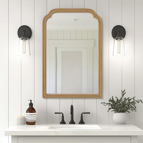 WallBeyond Wood Frame Wall Mirror Rounded Corner Arch Rectangle Mirror for Entryway, Living Room or Bedroom Home Decor - Light Woodgrain [20" x 30" Natural Color]