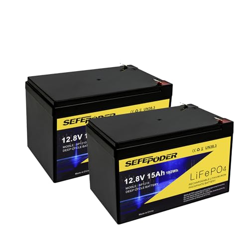 SEFEPODER 2 Pack 12V 15Ah LiFePO4 Deep Cycle Battery, 2000+ Cycles Rechargeable Battery for Scooter, Lighting, Power Wheels, Fish Finder and More with Built-in 16A BMS