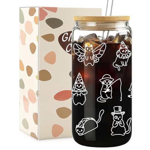 Mikopei Cat Gifts for Women Girls - Funny Glass Cups with Lids and Straws, Cute Cool Cat Lover Gifts Decor Stuff Accessories, Iced Coffee Cup Tumbler for Bestie Birthday, 16 oz