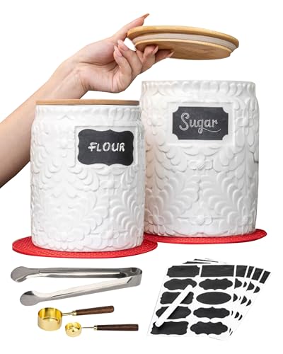 Ceramic Canisters Sets for the Kitchen Set of 2 - 94/52 Oz - Food Storage Containers, Airtight Bamboo Lid, Decorative Flour Sugar Coffee Canister, Food Container for Coffee, Flour, Sugar, Cookie Jar