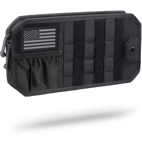WYNEX Molle Car Sun Visor Organizer, Car Accessories with Zipper Visor Storage Pouch and Glasses Clip, Semi-Rigid Molle Panel with Patch for Tactical Gears, Fits Most Vehicles, SUVs, Trucks