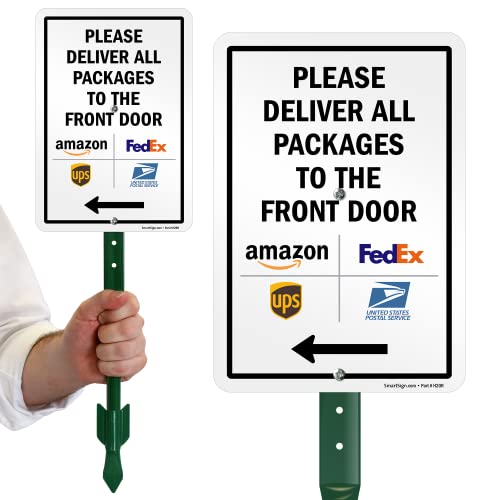 SmartSign 10 x 7 inch “Please Deliver All Packages to The Front Door” Left Arrow Yard Sign, 40 mil Laminated Rustproof Aluminum, 21.5 inch Tall Sign & Stake Kit, Multicolor, Made in USA