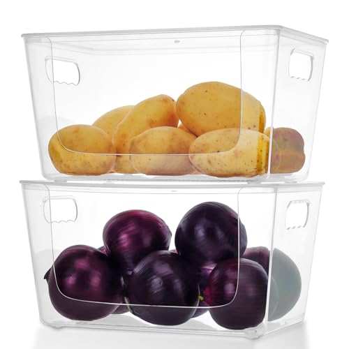 2 Set Stackable Pantry Organizer and Storage, Front Open & Enclosed Container Sets, Potato and Onion Storage Bin, Clear Plastic Kitchen Counter Organizer Baskets for Fruit, Vegetable, Produce (2)