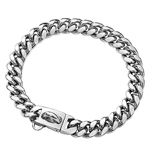 Strong and Secure Silver Metal Dog Collar: 14MM Cuban Link Stainless Steel Chain, New Buckle for Small, Medium, Large Dogs