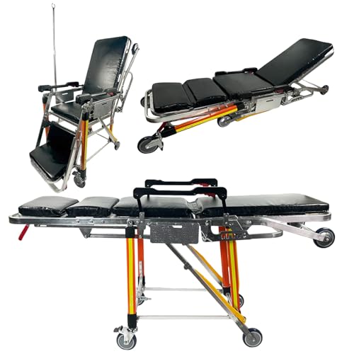 YUPINZHENAI Aluminum Alloy Chair Ambulance Stretcher Bed with Infusion Stand, Folding Automatic Loading Ambulance Gurney Stretcher Chair, for Emergency Evacuation, Rescue, Patient Transfer (Black)