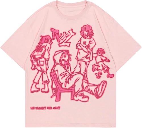 Oversized Graphic Tees for Women Y2k Men Streetwear Harajuku T-Shirts Vintage Tees Pink XL