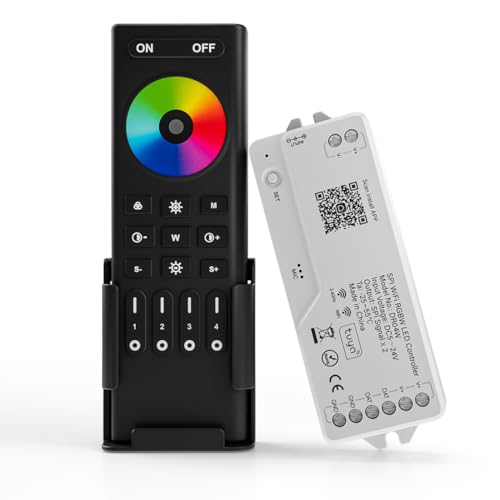 BTF-LIGHTING 2.4G WiFi DR04W SPI RGBW Controller RC03RF RF Remote Tuya APP/Smart Life/Google Home/Alexa Control Support SK6812RGBW SMD/FCOB WS2814 IC etc Addressable RGB+W LED Strip STA Mode