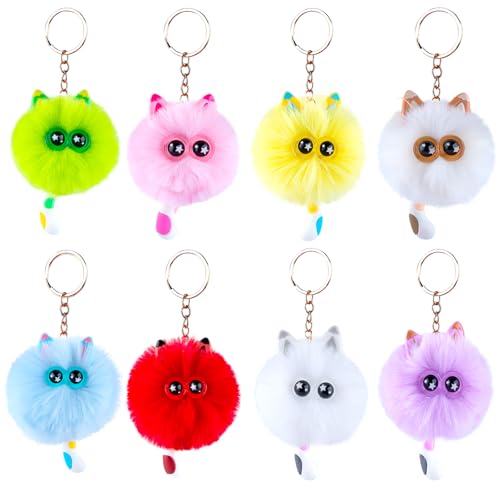 Niceup 8pcs Girls Cute Kitten Cat Pom Pom Fuzzy Keychains Puff Ball Fluffy Charms Keyrings for Kids Party Favors Goddie Bag Fillers