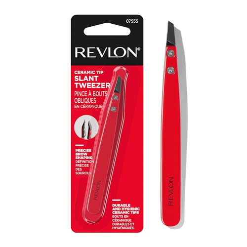 Revlon Ceramic Slanted Tip Tweezers, Precision For Eyebrow Shaping and Fine Hair Removal, Stainless Steel Body, Red, 1 Count