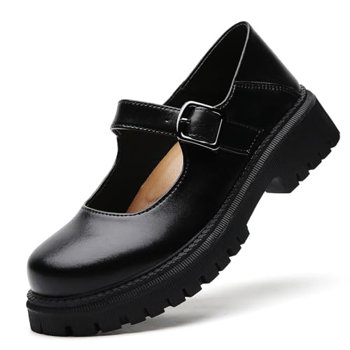 XMM Mary Jane Shoes Black Platform Chunky Mary Janes for Women Ladies Comfort Leather Round Toe Non-Slip Ankle Strap Dressy Casual Cute Girls Kawaii Lolita School Trendy Work Shoes US 7