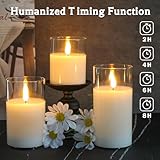 LEDHOLYT Rechargeable Flameless Candle, Flashing LED Pillar Real Wax Candle with Remote Control and Timer, Upgraded Teardrop Wick, Clear Glass Electronic Candles, 1 Set of 3