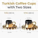 GLOXZY Turkish Coffee Cup Set of 6 with Saucers & Tray - Luxury Arabic Greek Japanese Marble Ceramic Tea Cups for Espresso Cappuccino Latte Mocha, Ideal Gift - 3.5oz, Black Gold