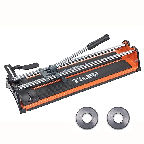 TILER 17 Inch Manual Tile Cutter, Professional Porcelain Ceramic Tile Cutter with Chrome Plated Solid Rails,Bonus 2pcs Spare Tungsten Carbide Cutting Wheel, Adjustable Fence Gauge, Anti-Skid Feet