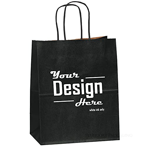 Flexicore Packaging Black Kraft Paper Bags Size: 8 Inch X 4.75 Inch x 10.25 Inch | Count: 50 Bags | Color: Black Custom Printed Logo
