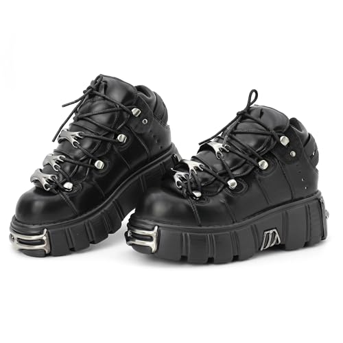 Kluolandi Women's Metal Platform Goth Boots Punk Style Lace-up Combat Boots Ankle Bootie Black Gothic Biker Boots Size 9.5